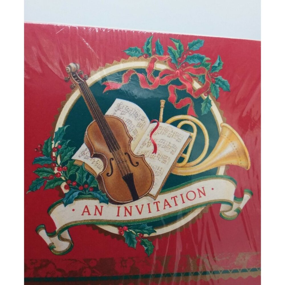 Hallmark Holiday Christmas Party Invitations 8 Pack Music Violin Horn Red